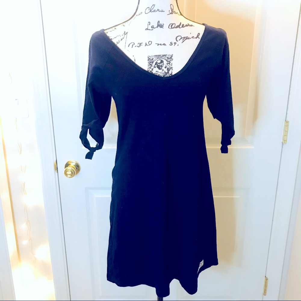 Full Sand Navy Split-Sleeve with Tie Mini Dress